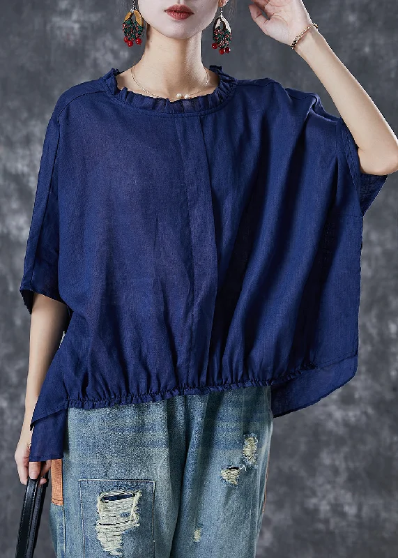 Plus Size Navy Ruffled Low High Design Linen Top Short Sleeve