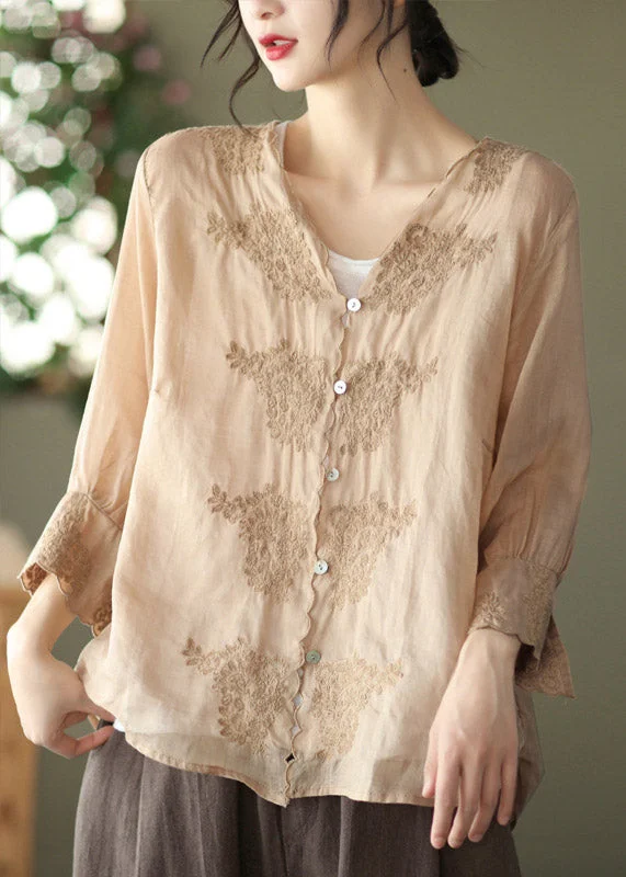 Chic Khaki V Neck Embroidered Linen Shirt Long Sleeve