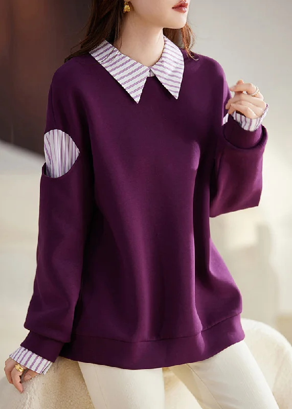 New Purple Peter Pan Collar Patchwork False Two Pieces Cotton Sweatshirt Fall