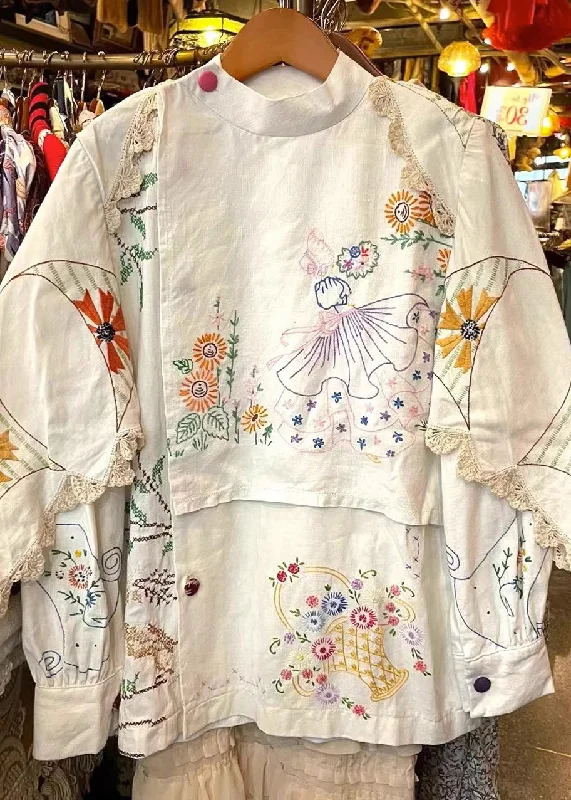 Handmade White Embroidered Patchwork Cotton Blouse Tops Fall