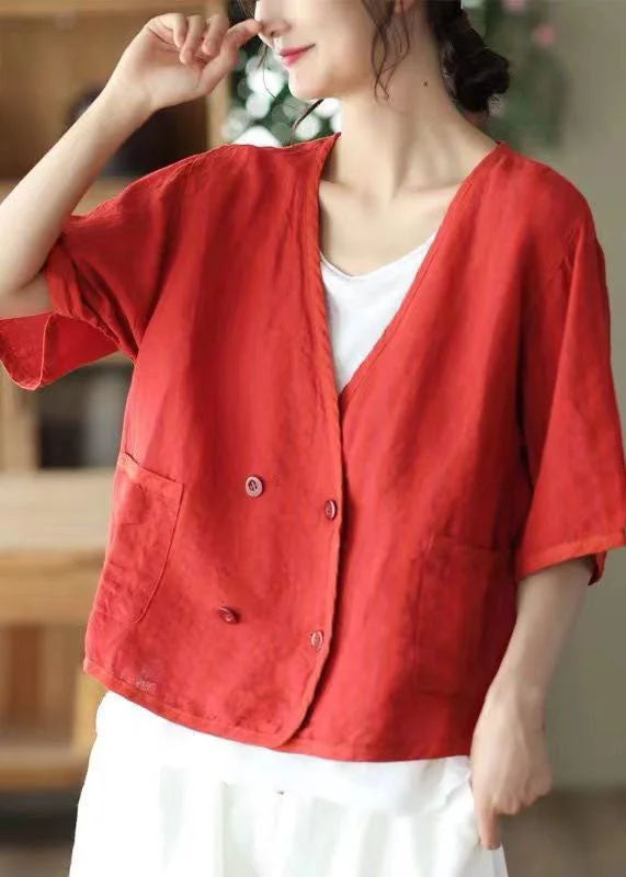 Boho Red V Neck Double Breast Linen Cardigan Summer