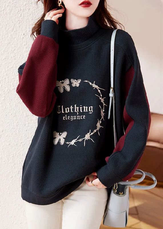 Casual Navy Embroideried Patchwork Warm Fleece Sweatshirt Streetwear Winter