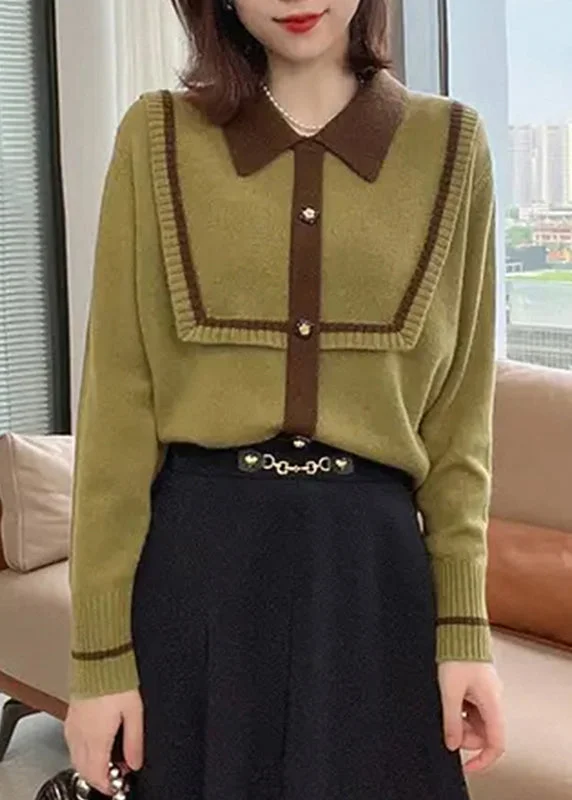 French Green Peter Pan Collar Patchwork Women Knitted Tops Fall