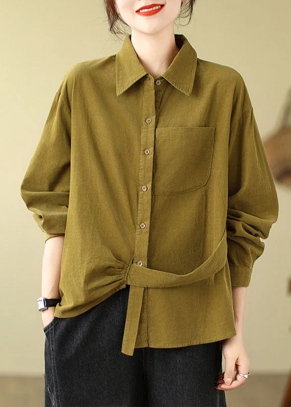 Novelty Ginger Peter Pan Collar Pockets Corduroy Shirt Long Sleeve