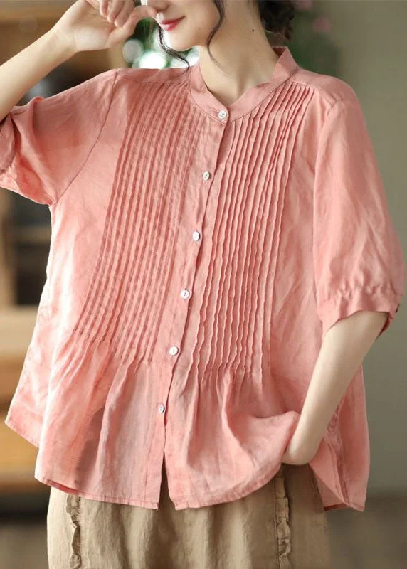 Bohemian Pink Stand Collar Wrinkled Patchwork Linen Shirt Tops Summer