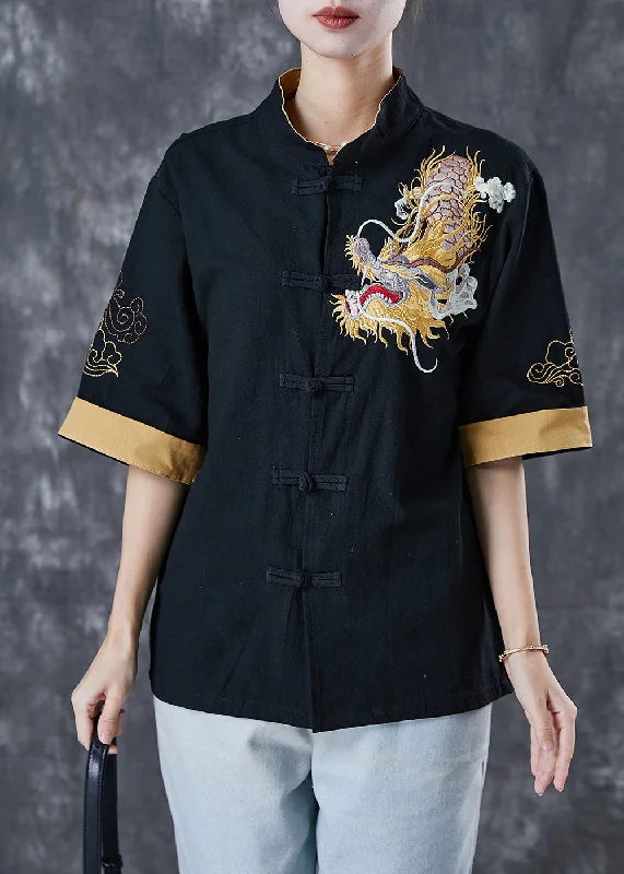 Black Linen Top Embroideried Chinese Button Short Sleeve