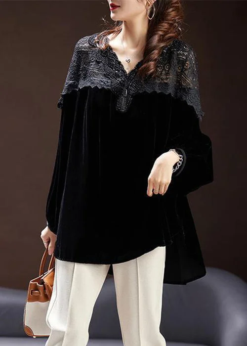 Loose Black V Neck Lace Patchwork Silk Velour Tops Spring