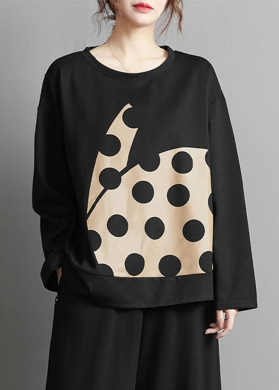 Art Black O-Neck Dot Print Patchwork T Shirt Fall