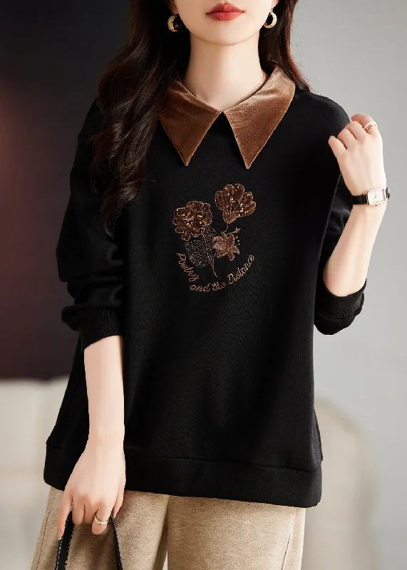 Organic Black Peter Pan Collar Embroideried Warm Fleece Top Fall