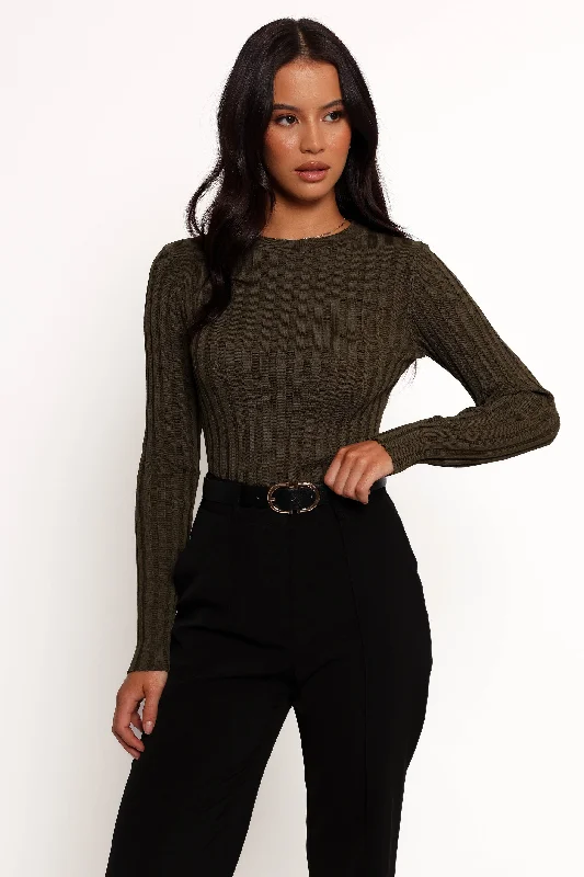 Aneesa Wide Rib Knit Top - Dark Olive