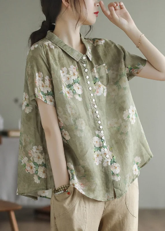 Women Peter Pan Collar Print Button Low High Design Linen Shirts Short Sleeve