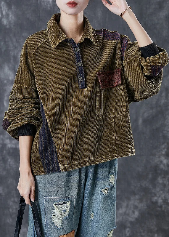 Boho Green Oversized Patchwork Corduroy Sweatshirts Top Spring