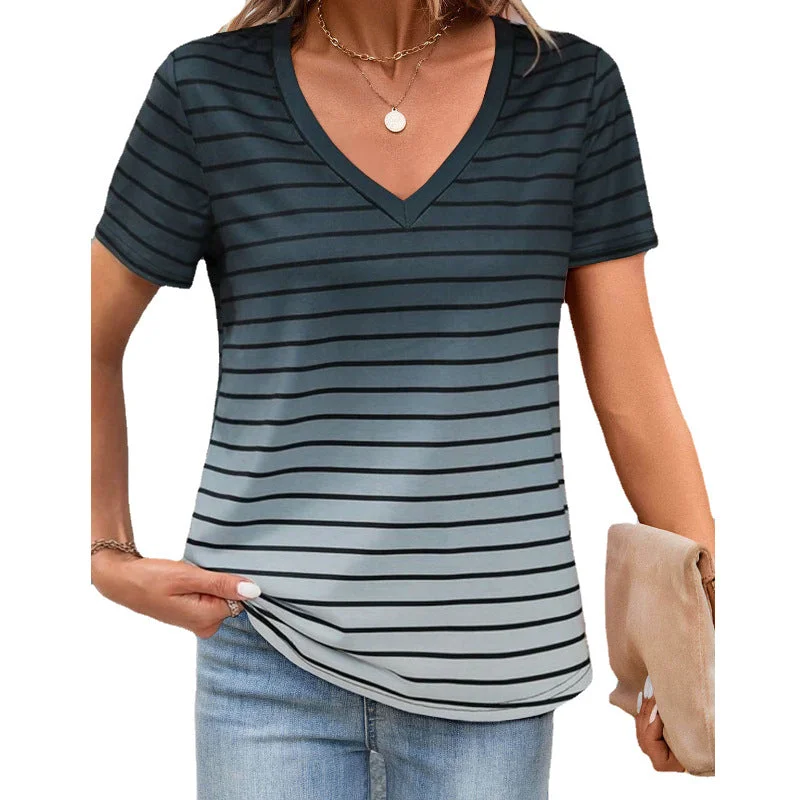 Striped Print Short Sleeve Casual V-Neck T-Shirt Wholesale Womens Clothing N3824022600051