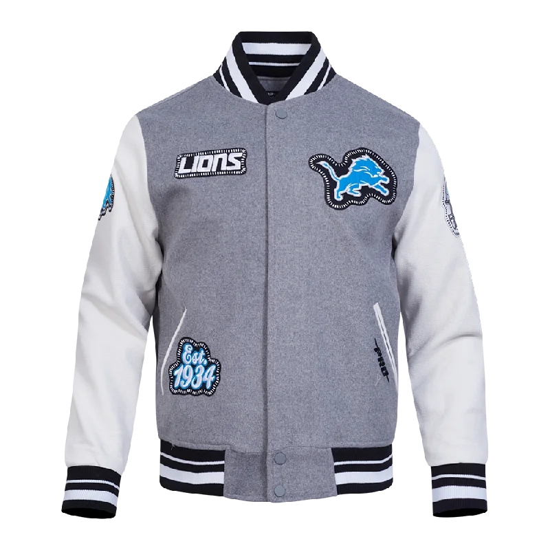 NFL DETROIT LIONS DIY PICK STITCH MEN'S RIB WOOL VARSITY JACKET (HEATHER GREY/WHITE/BLACK)