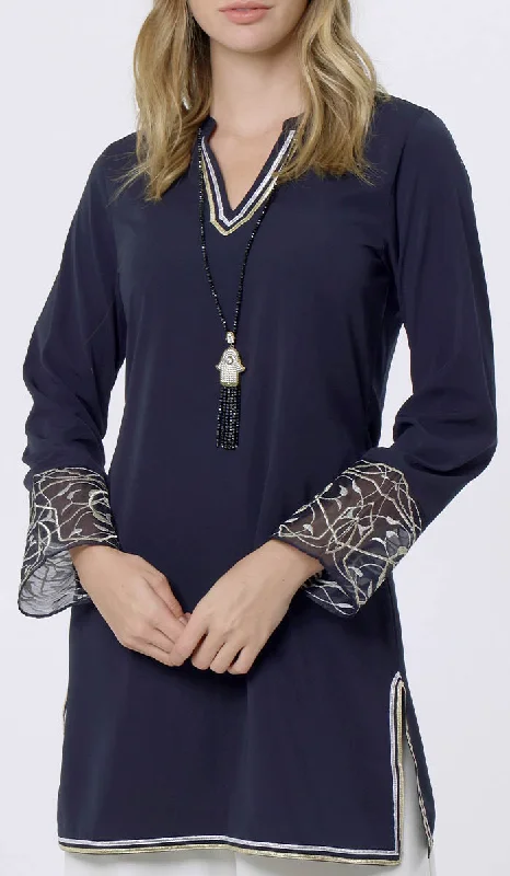 Ines Gold & Silver Embroidered Long Modest Tunic - Midnight