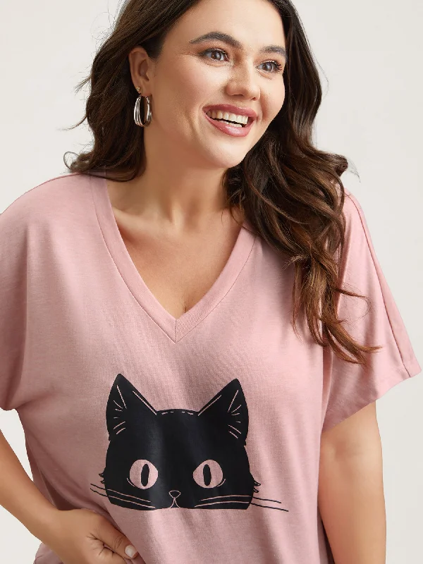 Cat Print V-Neck Half Sleeve T-Shirt