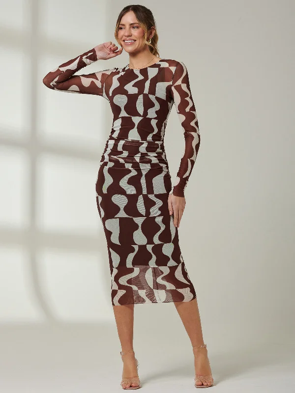 Gionna Mesh Long Sleeve Midaxi Dress, Brown Pattern