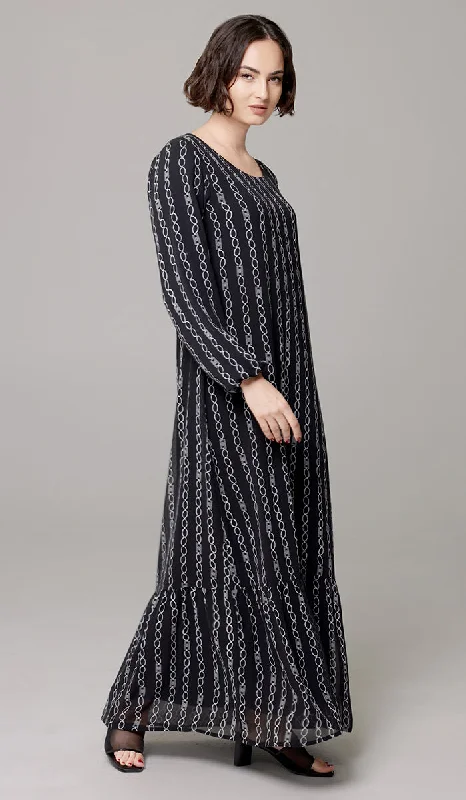 Batool Print Chiffon Modest Long Maxi Dress - Black/White Stripe