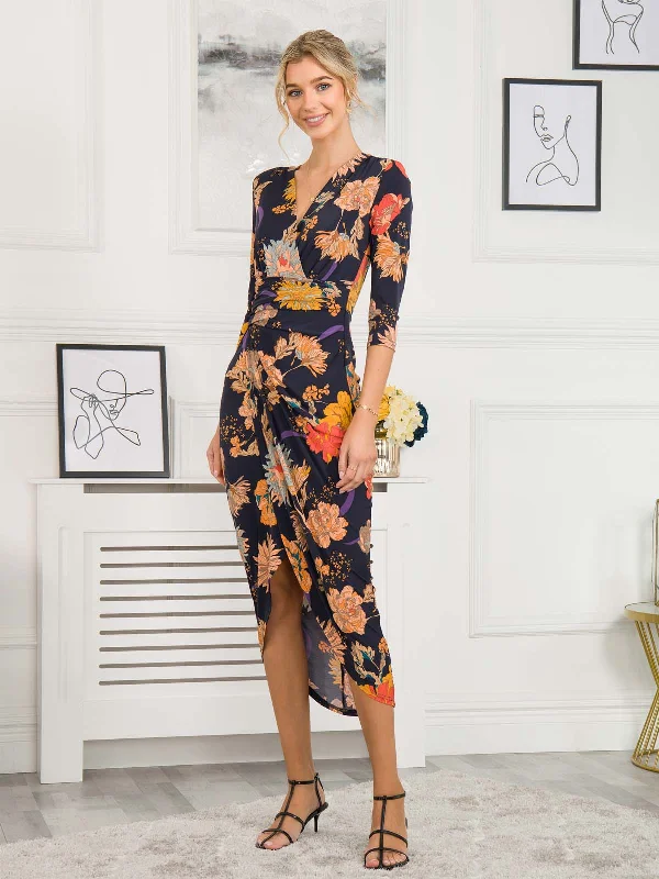 Ellen Draped Bodycon Maxi Dress, Navy Orange Floral