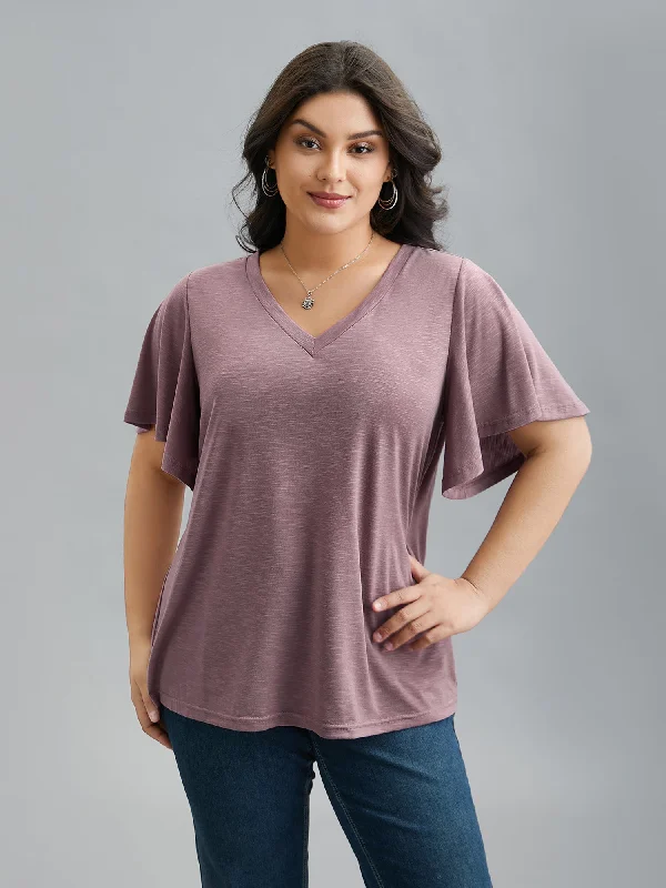 V-Neck Stretchy Flared Sleeve T-Shirt