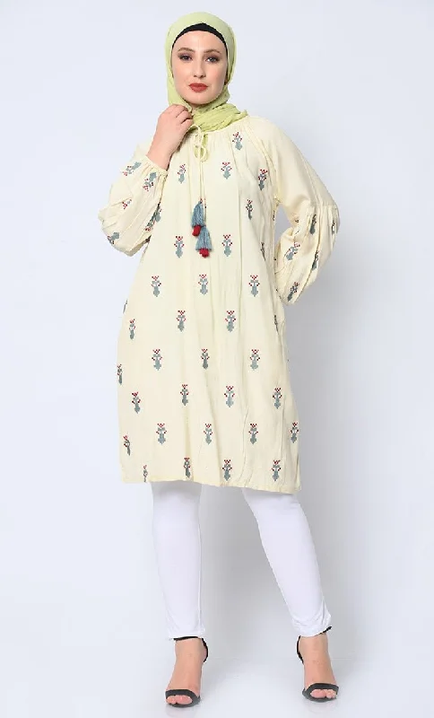 Beautiful Motifs Embroidered Cream Tunic with Pockets