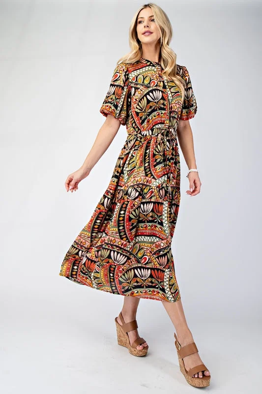 Short Bubble Sleeve Midi Dress with Waist Tie - Black Multi