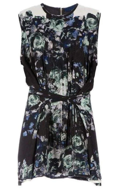 Floral Printed Fringe Silk Dress