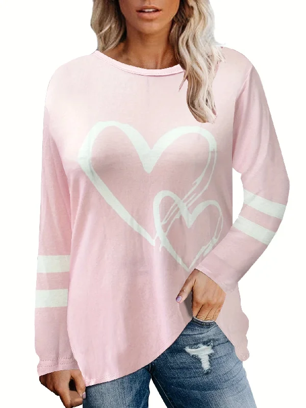 Sixsr Plus Size Casual Sweatshirt, Women's Plus Heart & Stripe Print Long Sleeve Crew Neck Slight Stretch Pullover Sweatshirt, Casual Tops For Fall & Winter, Plus Size Women's Clothing