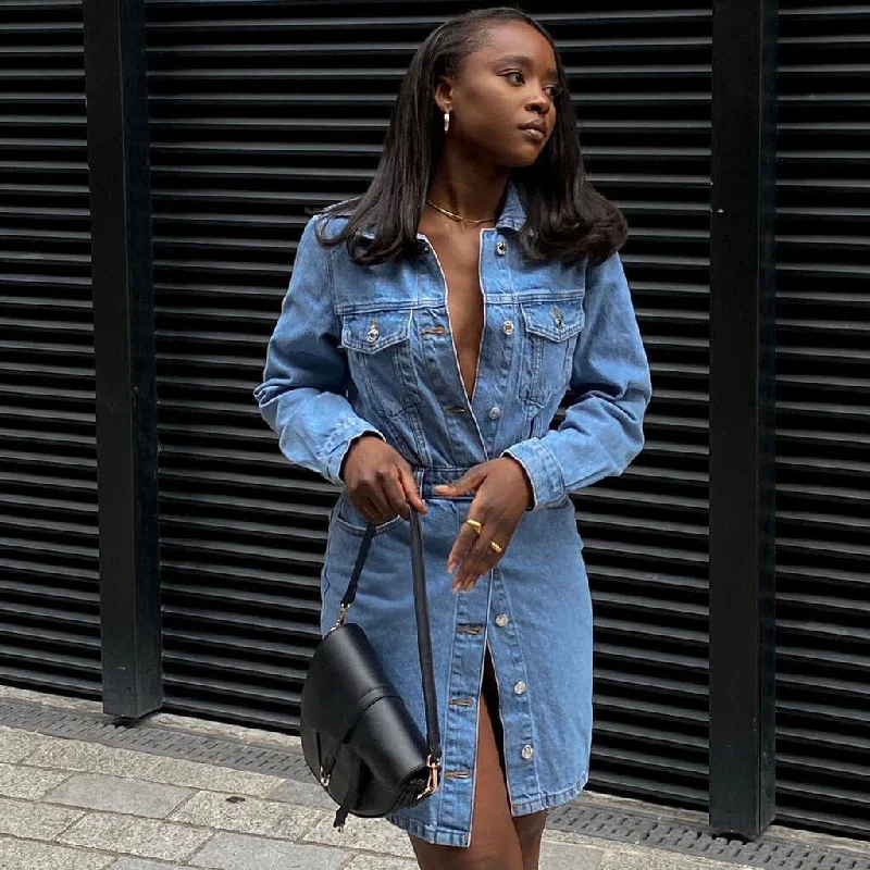 Street Style Long Sleeve Denim Midi Dress - Blue