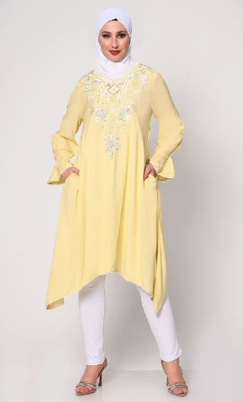 Embroidered Yelow Tunic with Asymmetrical Hem