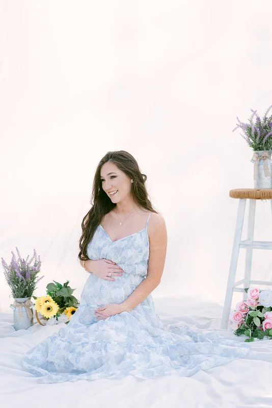 White & Blue Floral Tiered Maxi Dress