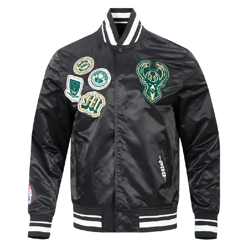 NBA MEN'S MILWAUKEE BUCKS DIY PICK STITCH MEN'S RIB SATIN JACKET (BLACK)