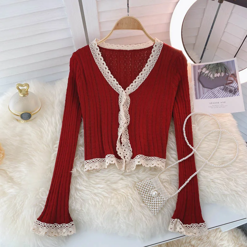 Vintage Knitted Top Women's autumn V-neck lace  1595