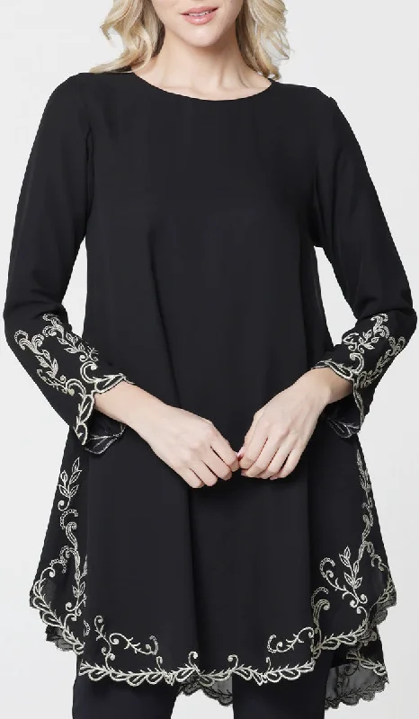 Meena Chiffon Formal Embroidered Long Modest Tunic - Black