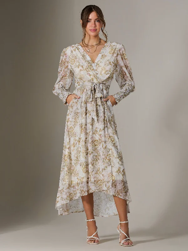 V Neck Tie Waist Puff Sleeve Maxi Dress, Cream Floral