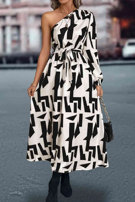 Printed One-Shoulder Tie Waist Dress