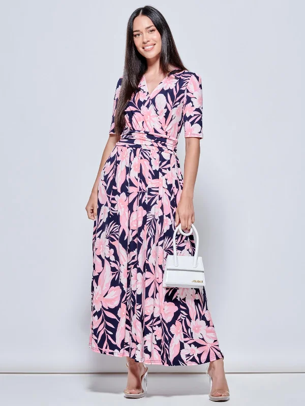 Saniya Print Jersey Maxi Dress, Navy Orange Floral