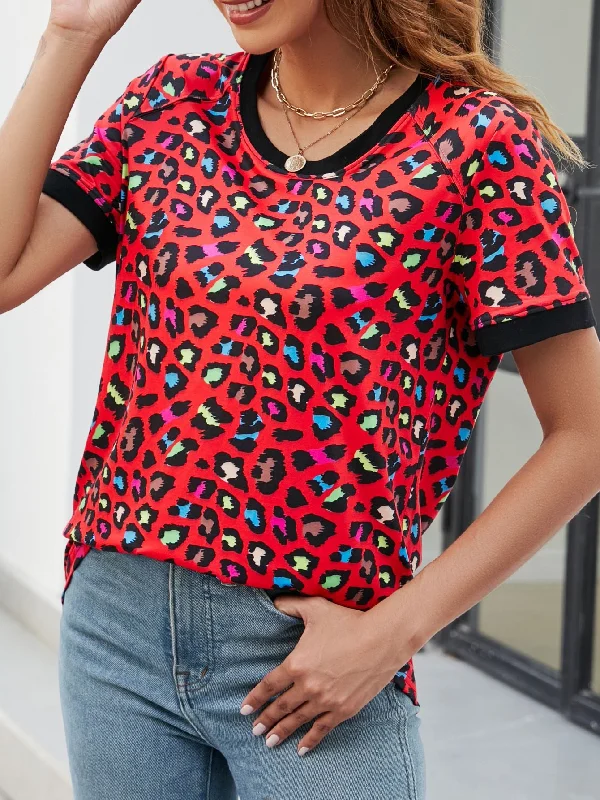 Women's Leopard Print Round Neck Short Sleeve T-Shirt Wholesale Womens Clothing N3824010500011