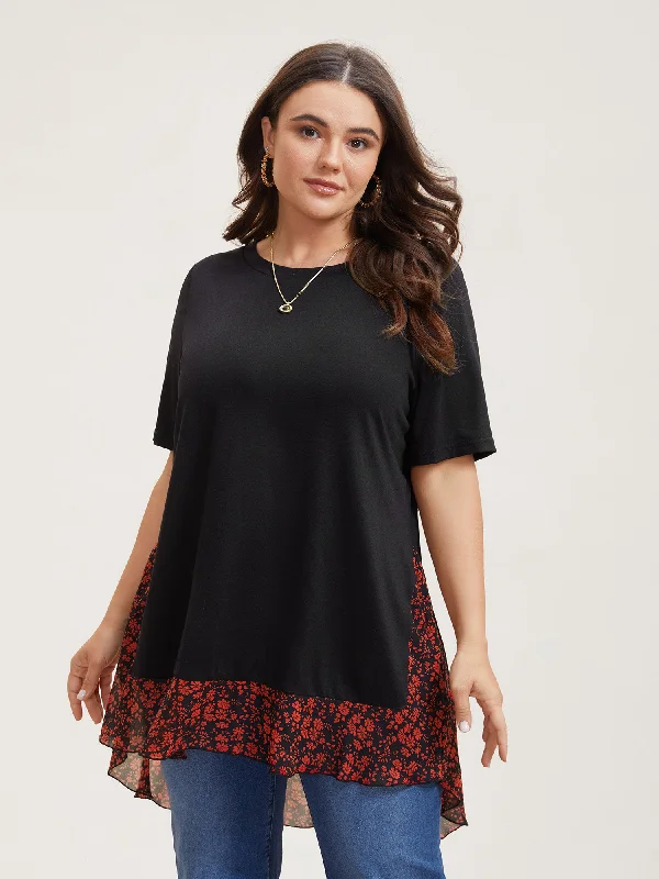 Printed Panel Hi-Low Hem Round Neck Top