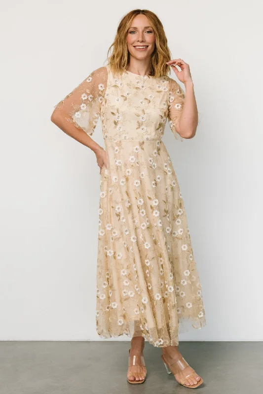 Arabella Embroidered Tulle Maxi Dress | Gold + White