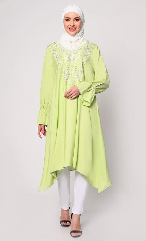 Embroidered Pista Green Tunic with Asymmetrical Hem