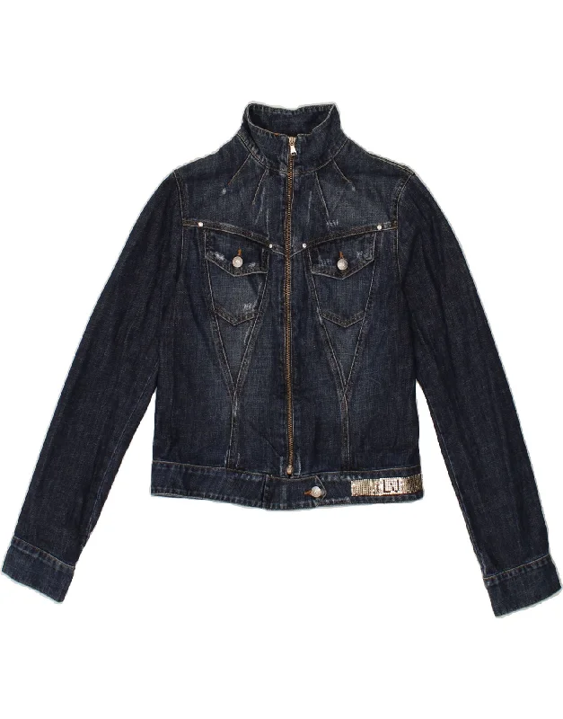 LIU JO Womens Crop Denim Jacket UK 12 Medium Navy Blue Cotton