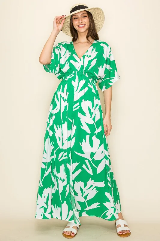 Green Floral Double V-Neck Front Slit Maxi Dress