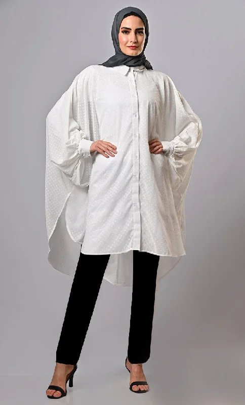 White Doby Texture Flare Button-Down Tunic