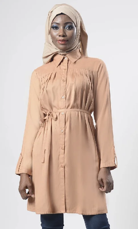 Everyday wear Pale Taupe Front Open Down Button Long Tunic