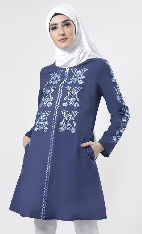 Blue Astonishing Geometric Embroidered Tunic