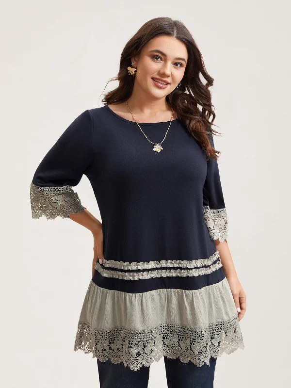 Lace Panel Color Contrast Tunic T-Shirt