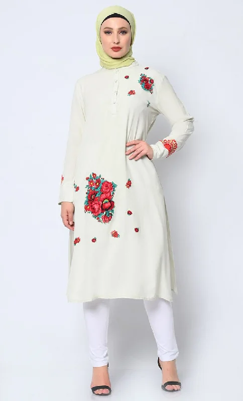 Floral Printed Patchwork Ivory Tunic with Pockets