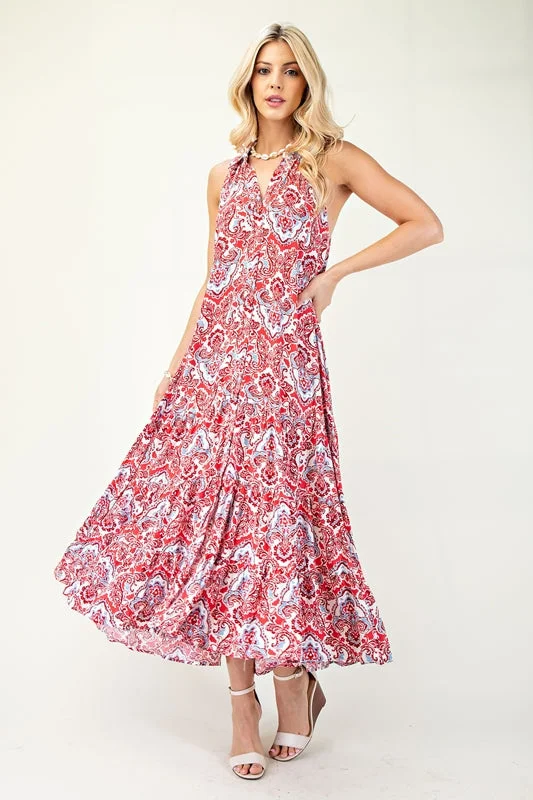 Gigio Boho Racer Collared Print Midi Dress - Red