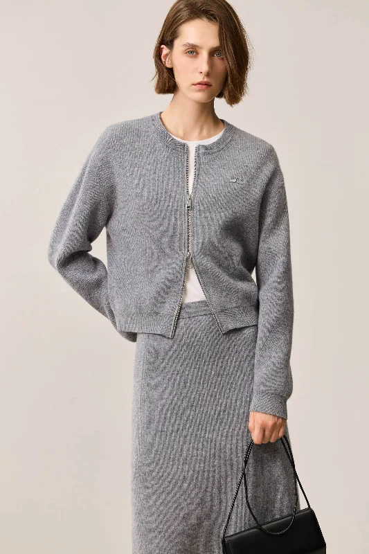 LILY Grey Tone Minimalist Crewneck Cardigan Sweater